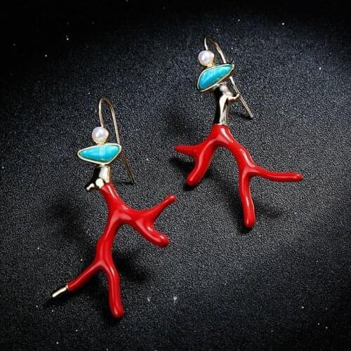 Red Enamel Coral Antlers Branch Acrylic Resin Drop Earrings Girl Fashion Jewelry