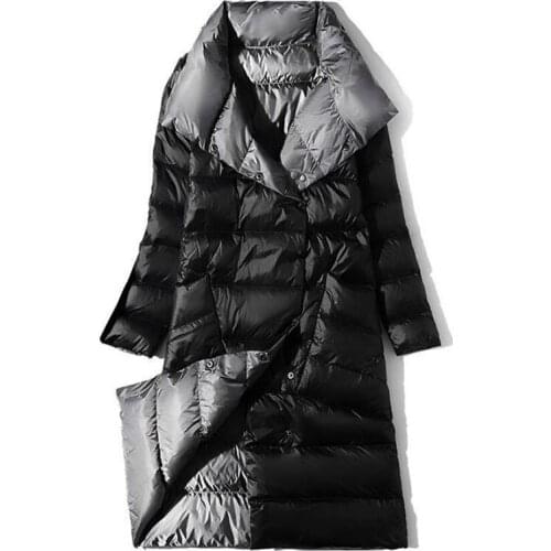 2021 Women Double Sided Down Long Jacket Winter Turtleneck White Duck Down Coat Double Breasted Warm Parkas Snow Outwear