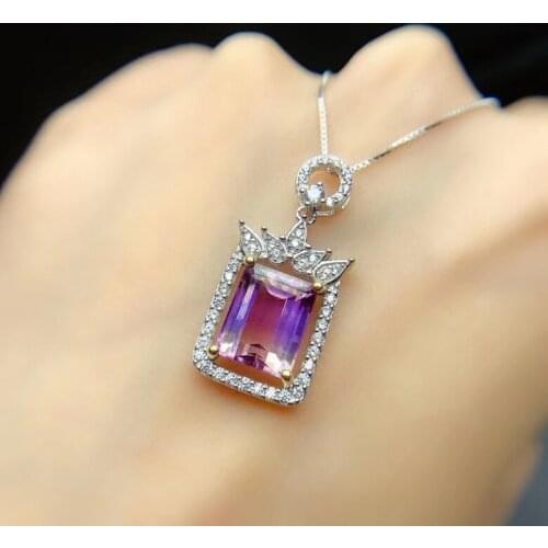 Trendy Silver Ametrine Pendant for Party 9*11mm Emerald Cut Ametrine Silver Pendant 925 Silver Ametrine Jewelry Gift for Wife