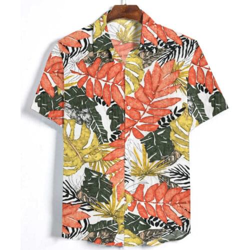 Fad Men Shirts Summer Leaves Printed Tops Casual Short Sleeve Beach Shirt Male Personality Cotton Shirt