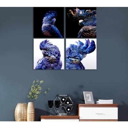 4 Panel Wall Art Bird Black Cockatoo Navy Blue Parrot Cartoon Animal Bird Posters and Prints Canvas Art Pictures Bedoom Decor