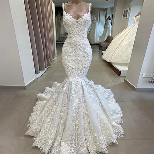 Latest Design Lurxury Tulle Wedding Dress Spaghetti Strap Long Gowns Applique Mermaid Bridal Gown