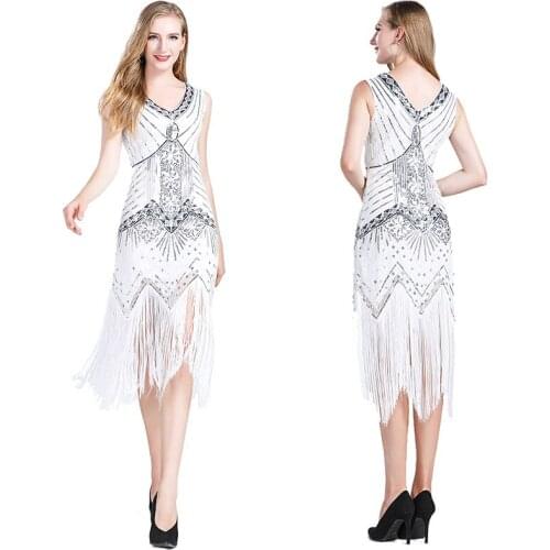 Fringed Dress Vintage Flapper Great Gatsby Party Dress V-neck Sleeveless Sequin Beaded Style Tassel Flapper Vestidos Feminina
