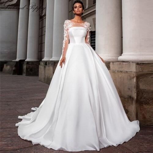 Lceland Poppy Womens A Line Satin Wedding DressesFull Sleeves Floor Length Lace Appliques Bridal Gowns Vestido de Noiva