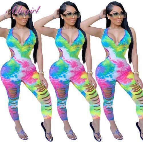 Sexy Neon Color Spaghetti Tie Dye Print Hollow Out Night Party Club Jumpsuit V Neck Backless Outfit Rompers Streetwear Overalls