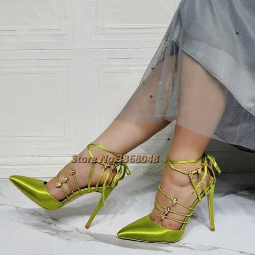Green Lace Up Stiletto Heels Pumps Sexy Pointed Toe Cut Out Solid Satin Dress Pumps Thin Heel Real Picture Dress Women Shoes