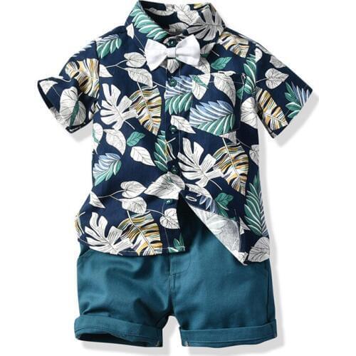 TUONXYE Fashion Boy Gentleman Clothes Summer Short Sleeve Floral Style Shirt with Bow Tie+Shorts Kids Baby 2Pcs Clothes Set