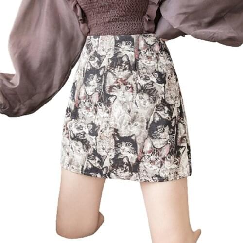PERHAPS U Cute Cat Skirt Animal Printed Pencil Zipper Chic Elegant A-Line Mini Skirts S3003