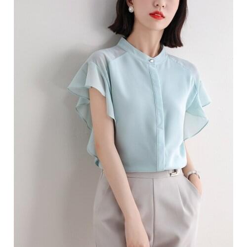 Womens Shirt Short Sleeve Ruffle Blouse Summer Fashion Elegant Ladies Chiffon Shirt Blusas Mujer De Moda 2021 Verano