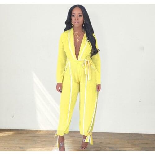 White Striped Patchwork Full Length Jumpsuit for Women Deep V Neck Long Sleeve One Piece Overall Autumn Side High Split Catsuit