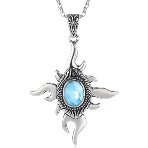 Women Man 925 Silver Jewelry Natural Dominica Larimar Pendant Necklace 925 Sterling Silver Larimar Sun Pendant Gift