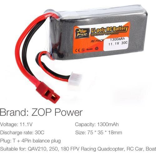 ZOP Power 3S 11.1V 1300mAh 30C T Plug LiPo Battery for QAV250 H210 LS180 FPV Racing Quadcopter RC Car Boat