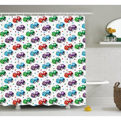 Cars Shower Curtain Children Baby Boy Toy Figures with Dots Number Five Cars for Joyous Play Time Waterproof Bath Curtains
