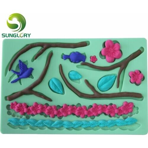 DIY Flower 3D Silicone Cake Mold Tree With Leaf Bird Shaped Baking Decoration Moldes De Silicona Fondant Cake Decorating Tools