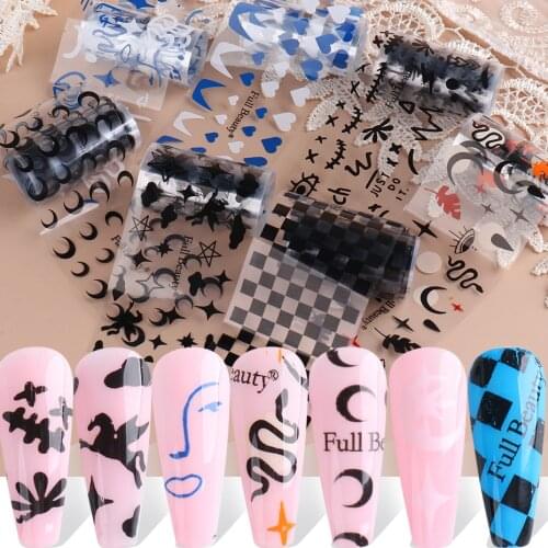 10pcs Checkerboard Grid Snake Nail Foils Abstract Face Star Moon Transfer Stickers Full Wraps Gel Polish Accessories SAFB2122