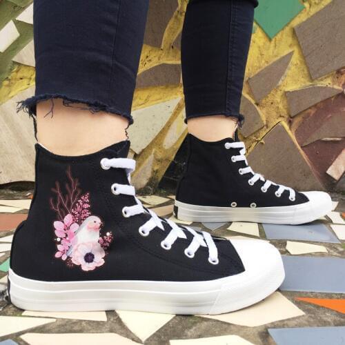 Wen Design Watercolor Bird Flowers Canvas Athletic Shoes Women Black White High Top Tie Up Girls Walking Sneakers Plimsolls