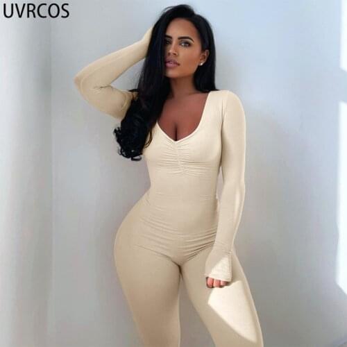 UVRCOS Women Clothing 2021 Sexy Outfits For Woman Combination Type Solid Clubwear Low V Neck Folds Long Sleeve One Piece Overall