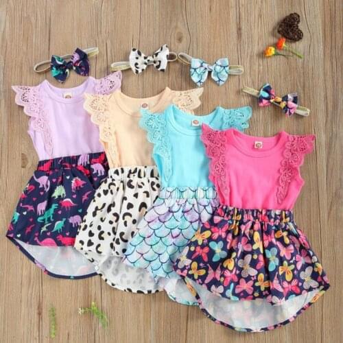 Baby Girls Two-piece Clothes Set Printed Pattern Sleeveless Round Collar Dress Headdress With Pink Rosy For 0-18 Months