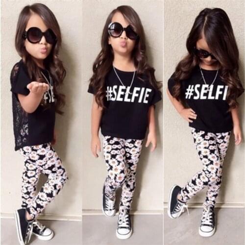 Flower Girls Baby Summer Clothes Sets Short Sleeve Black Tops Lace Back T-shirt+Floral Long Pants Little Lady Fashion Summer Set