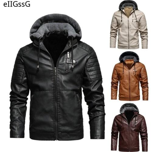 Mens Fleece Liner PU Leather Jackets Coats with Hood Autumn Winter Casual Motorcycle Jacket For Men Windbreaker Biker Jackets