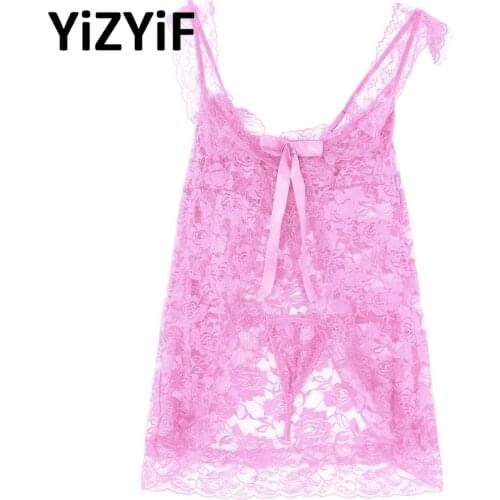 Mens 2Pcs Sissy Lingerie Set Lace Ruffles Cami Tops G-String Thong Pants Nightwear
