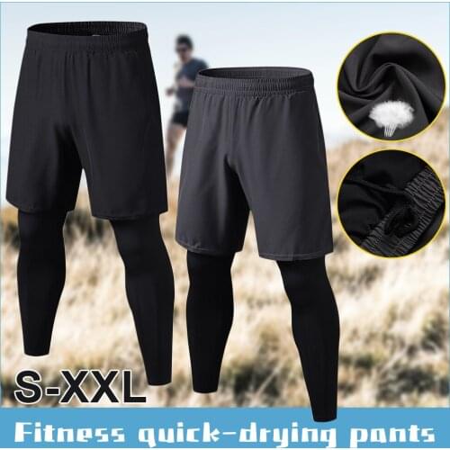 Men 2 in 1 Leggings Running Shorts Workout Training Compression Tight Quick-drying Pants for Gym Fitness Running Basketball