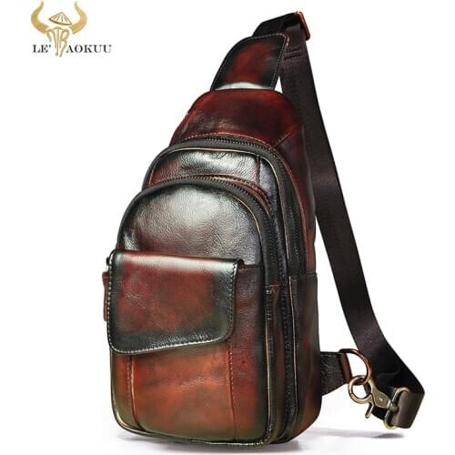 Luxury Quality Leather Fashion Wine Triangle Sling Chest Bag 8" Tablet Design Travel One Shoulder Cross body Bag Male 8013