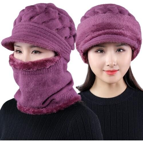Newly Warm Hat Women Bib Beanie Hat Scarf Face Cover Knitted Winter Warm Snow Ski Cap Sombrero