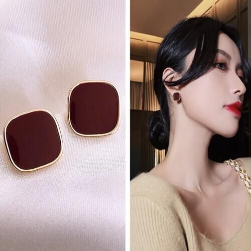 New Korean TV Star Metal Elegant Red Square Stud Earrings For Women Cute Boucle D'oreille Gifts Party Jewelry