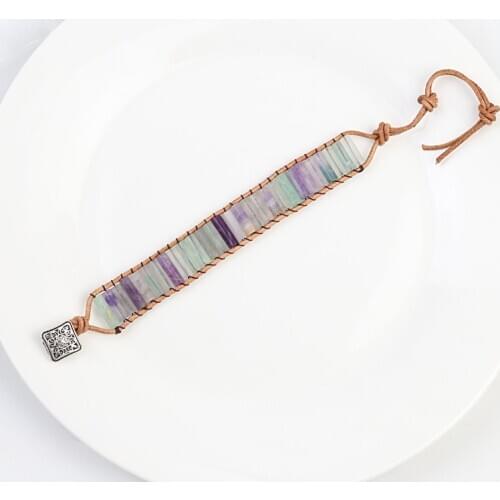 Wholesale Natural Stone Fluorite Unique Tube Shape Single Leather Wrap Bracelets Handmade Bohemian Weaving Wristband Bracelet