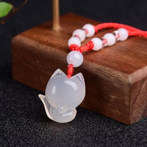 Natural White Chalcedony Jade Fox Pendant Necklace Fashion Charm Jewelry Carved Amulet Gifts for Women Men sweater chain