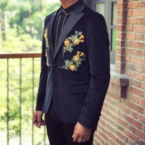 100%real men luxury black velvet flower embroidery event/stage performance short tuxedo jacket/stage performance/ASIA SIZE