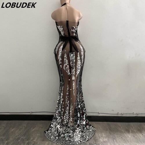 Sexy Transparent Mesh Sequins Halter Long Dress Women Birthday Party Prom Banquet See-through Floor Length Dress Singer Dresses
