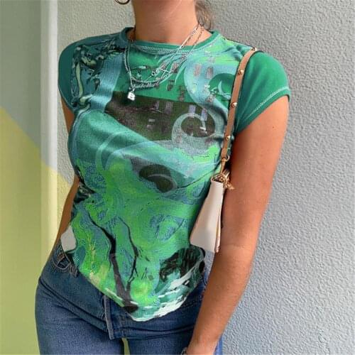 Y2K Sexy Crop Top Colored Print Round Neck Short Sleeved T Shirt Casual Summer Short Tee O Neck Regular Top Skinny Clothing