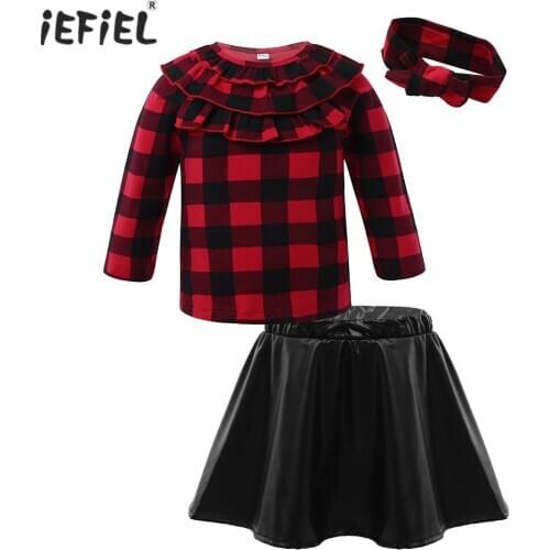 Spring Autumn 2pcs Kids Girl Clothes Layered Ruffle Long Sleeve Plaid Shirts PU Leather Skirt Outfits Christmas Set for Children