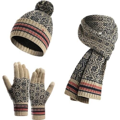 Hat Women Winter Warm Vintage Pattern Acrylic Knitted Woolen Hat Scarf Gloves Set