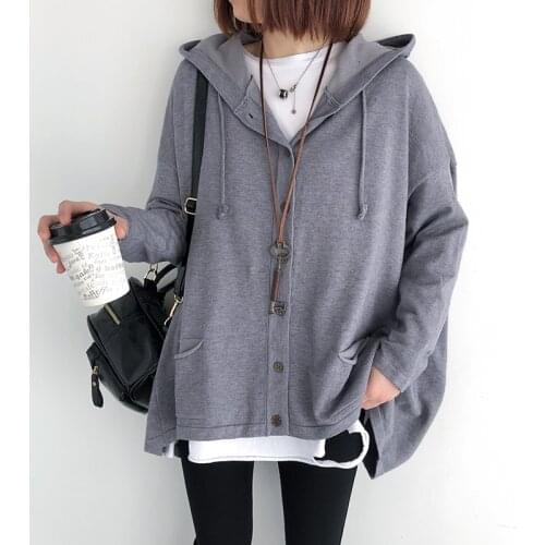 Thin Sweater Women 2021 Spring New Knit Cardigan Female Loose Plus Size Solid Color Long Sleeve Hooded Coat Female YoYiKamomo