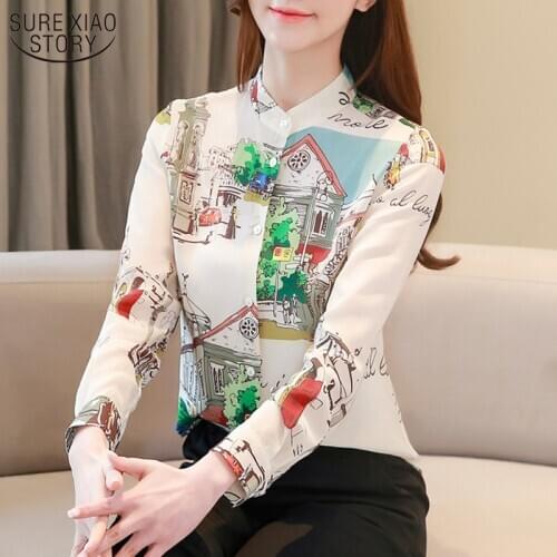 2021 Spring Fashion Long Sleeve Slim Printed Mulberry Silk Temperament Women Blouse OL Vertical Collar Lady Tops Blusa 8115 50