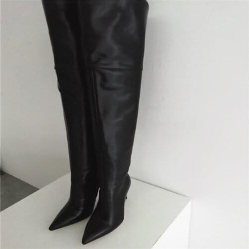 Real Photo SUPER 2020 Womens Thigh High Boots Black Leather Lining Stiletto Heels 4 Season Shoes Botines Large Size 39 43 47