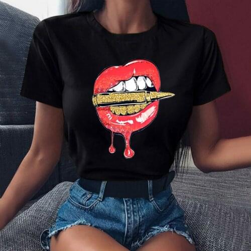 Women Black Lips Graphic T Shirt Fashion O-neck Sexy Black Tees Harajuku Funny 90s Girls Short Sleeves Tshirts Tops Tees