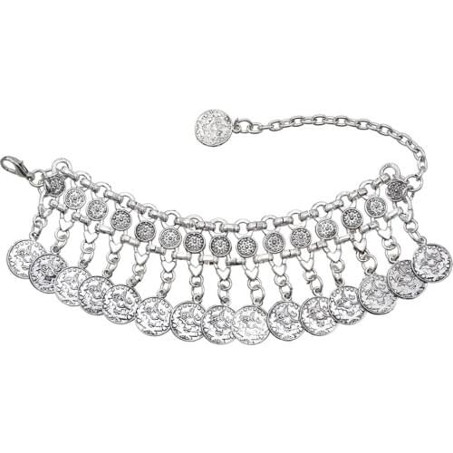 Women Fashion Jewelry Bracelets Silver-Color Coin Charms Dangle Pendant Bracelets Vintage Ethnic Gypsy Jewelry Gift