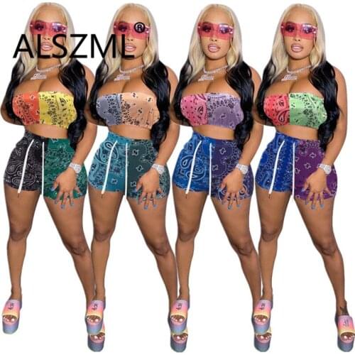 Women Sexy Summer Shorts Set Female Strapless Print Crop Top And Shorts Set 2 Pieces Suit