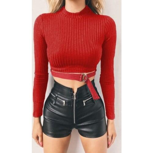 Sexy Navel Long-Sleeved Bandage Short Sweater Top for Autumn and Winter Sexy fashion slim cropped sweater pullover women