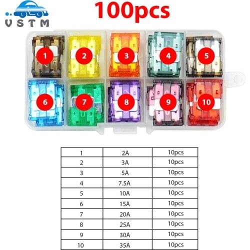 100PCS Car Fuses 2A 3A 5A 7.5A 10A 15A 20A 25A 30A 35A Amp with Box Clip Assortment Auto Blade Type Fuse Set Truck Auto Fuse Set