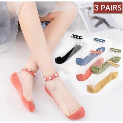3 Pairs/Set Womens Transparent Pearl Glass Silk Socks Summer Thin Ankle Sock Female Soft Non-slip Invisible Lace Cotton Socks