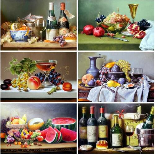AZQSD Diamond Painting 5D Fruit And Wine Scenery Diamond Embroidery Kitchen Landscape Mosaic Picture Of Rhinestones Home Decor