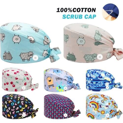 Anime Surgicals Cap Cotton Adjustable Tie Back Work Nursing Caps Pet Shop Dental Clinic Dentist Working Scrubs Cap for Women Men