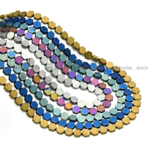 High Quality Rainbow Color Plating 6x6mm Hexagon Flat Strand Beads Matt Surface DIY Jewelry Making Findings Beads 5pcs/lot