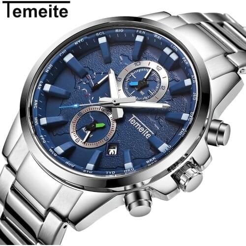 Temeite Watch Men Watch Quartz Chronograph Top Brand Luxury Sport Quartz Watch Chronograph Waterproof Stainless Steel Wristwatch