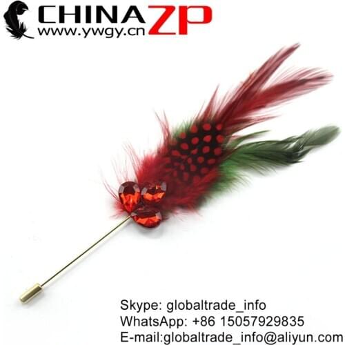 CHINAZP Factory Wholesale Price Good Quality Red Guinea with Green Chicken Saddle Hackle Feathers Brooch Pin Costume Docarations